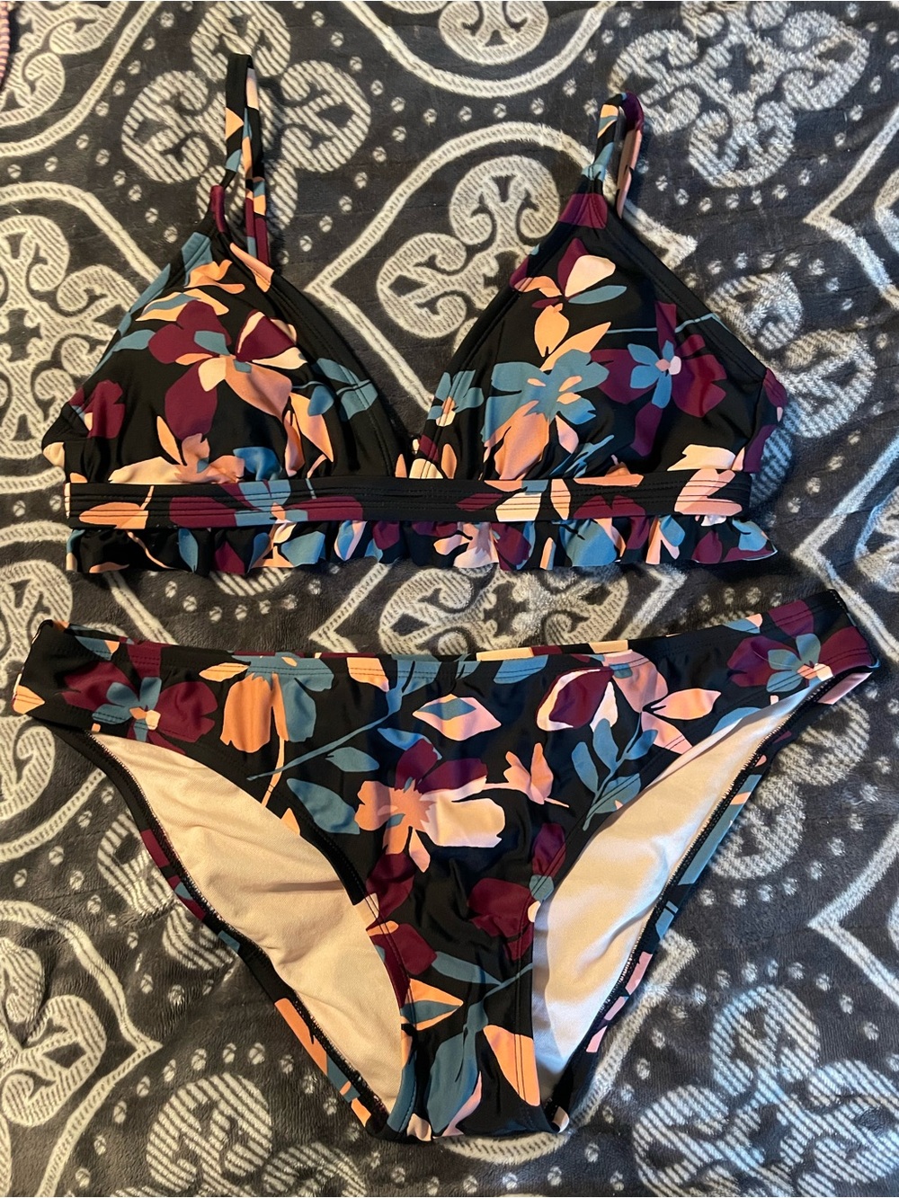 Kona Sol Black Floral Bikini Set with Blue, Purple & Peach Accents
